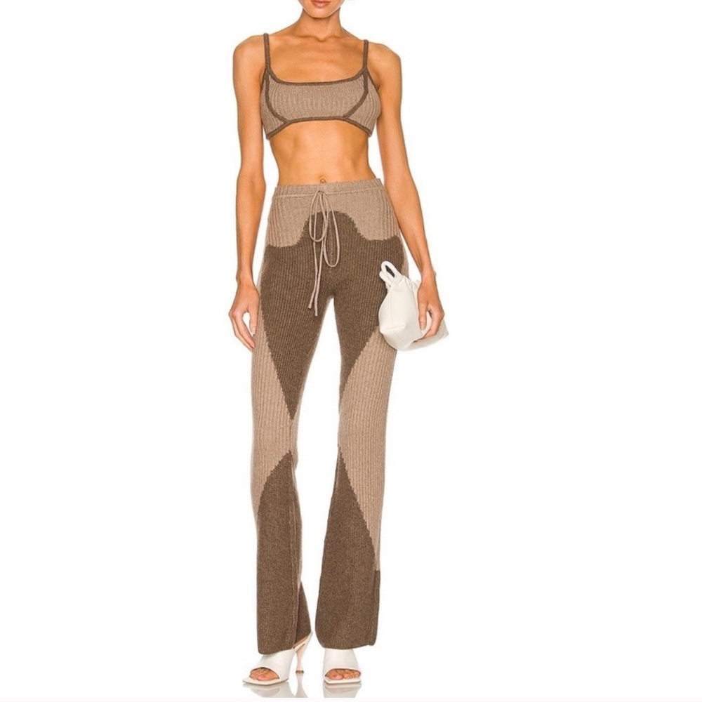 Danielle Guizio Zine Rib Knit Wool Cashmere Blend Flare Pants in Brown Khaki
